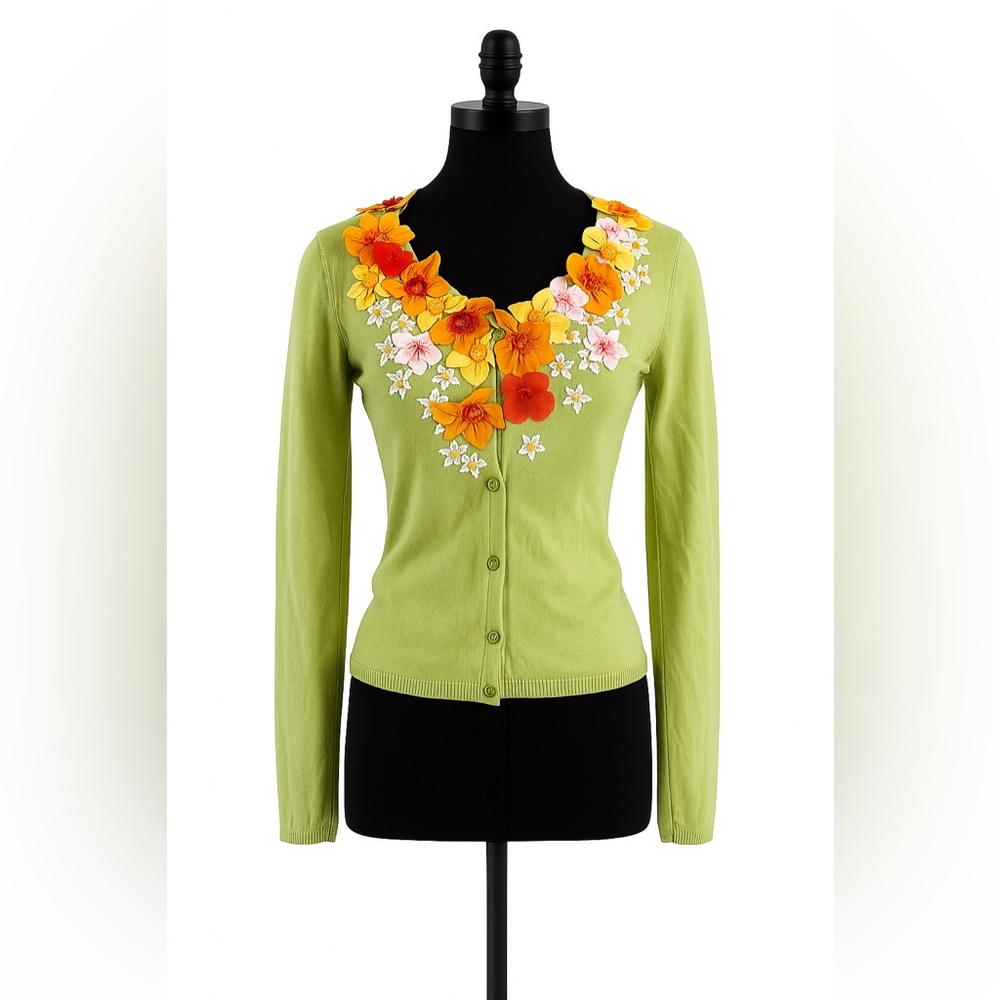 Moschino Light Green Cardigan with Orange and Yellow Floral Accents